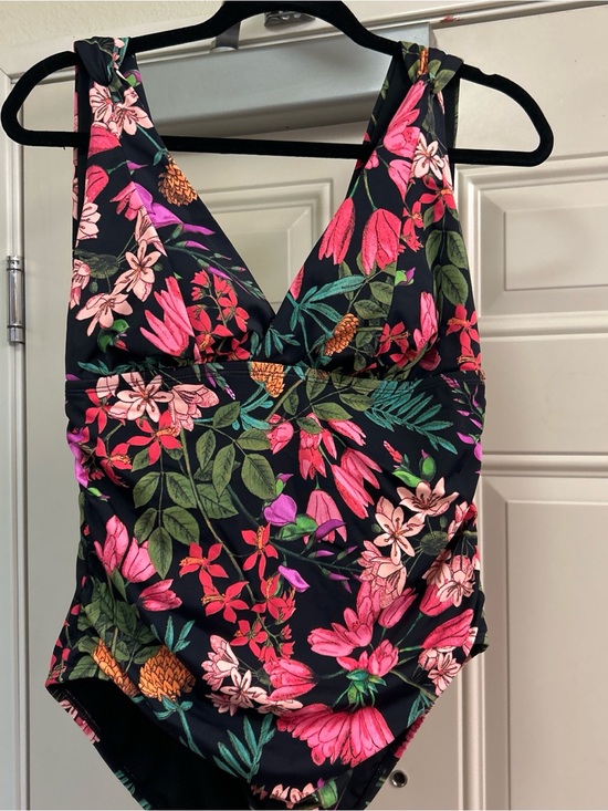 Time and Tru Other - Time and Tru Black Floral One-Piece Swimsuit with Pink & Green Print